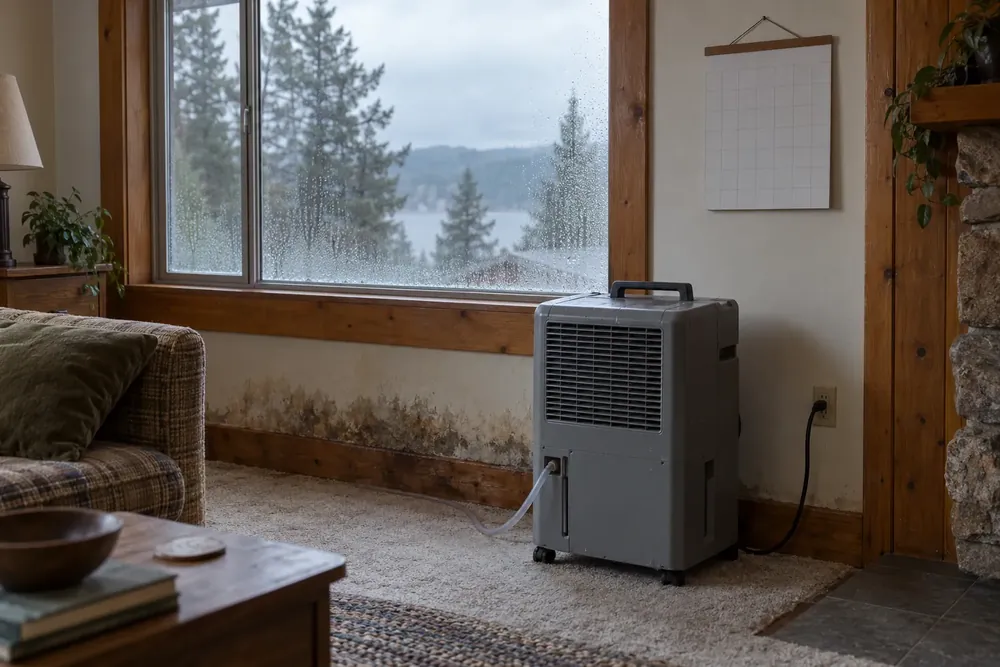 Dehumidifier beside a misted window, wall calendar, and stained baseboard