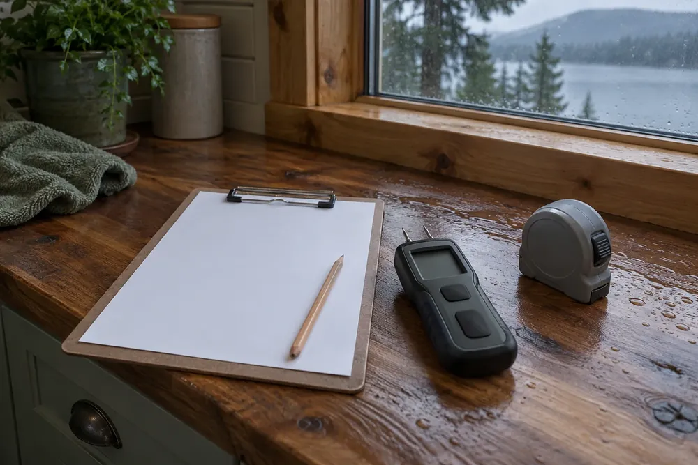 Blank inspection sheet, pencil, moisture meter and tape measure on a damp cedar countertop