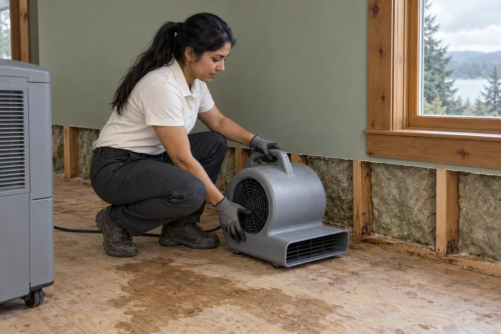 Technician crouching to set an air mover beside an opened wall with exposed studs and insulation